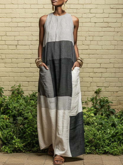 Robe longue sans manches en lin mélangé à rayures color block avec poches pour femme