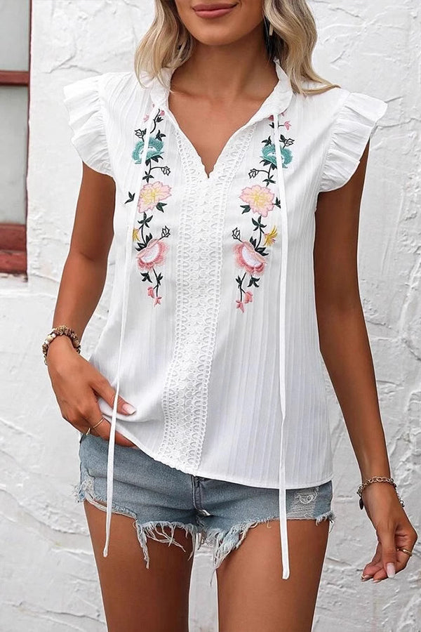 Fashionable Embroidered Ruffled Sleeve Casual Tops