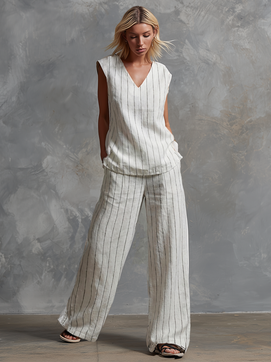 Ensemble classique sans manches en coton rayé blanc et pantalon large