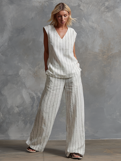 Ensemble classique sans manches en coton rayé blanc et pantalon large