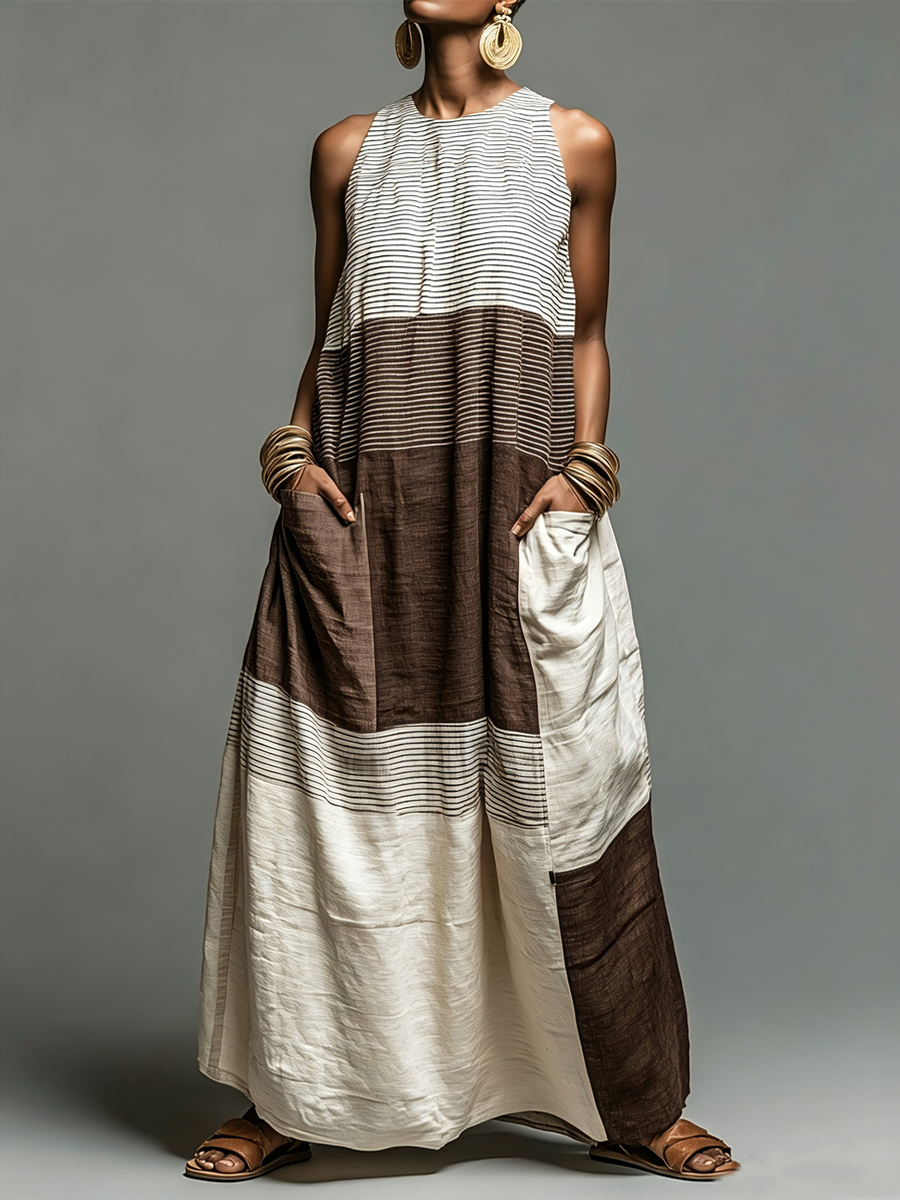 Robe longue sans manches en lin mélangé à rayures color block avec poches pour femme