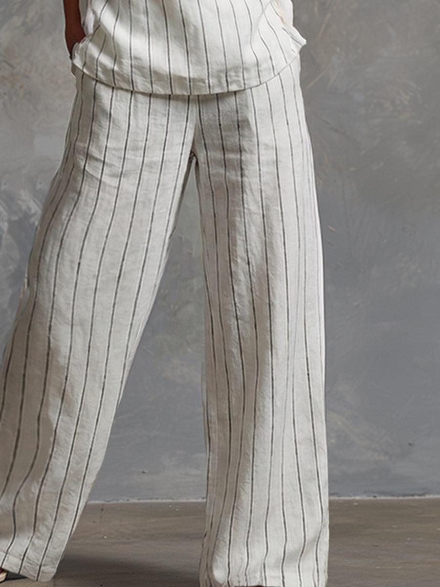 Ensemble classique sans manches en coton rayé blanc et pantalon large