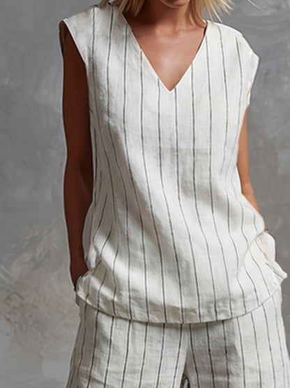 Ensemble classique sans manches en coton rayé blanc et pantalon large