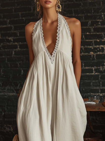 Combinaison en coton écru sans manches avec décolleté en V bordé de dentelle, style bohème urbain rétro
