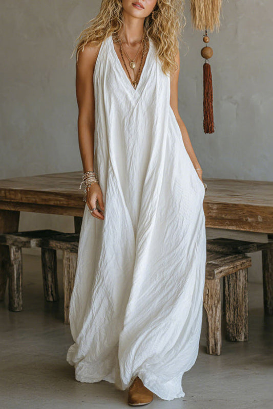Robe longue décontractée ample sans manches à col en V unie en mélange de lin avec poches
