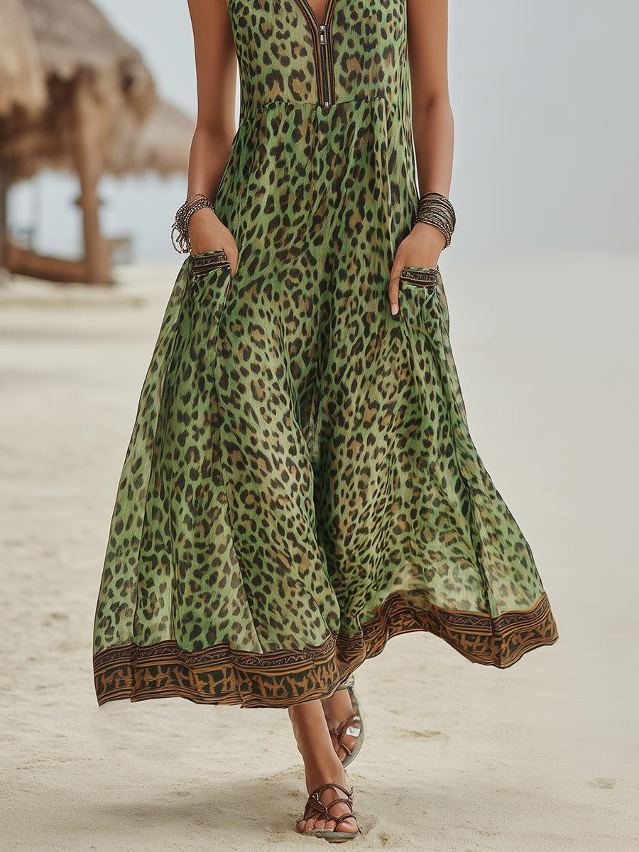 Robe mi-longue à capuche imprimé léopard vert style rétro décontracté pour femme