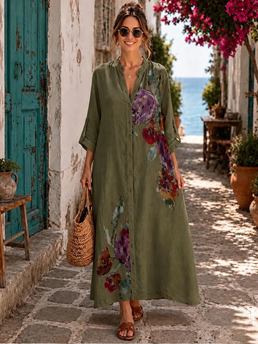 Robe longue boutonnée en lin à imprimé floral