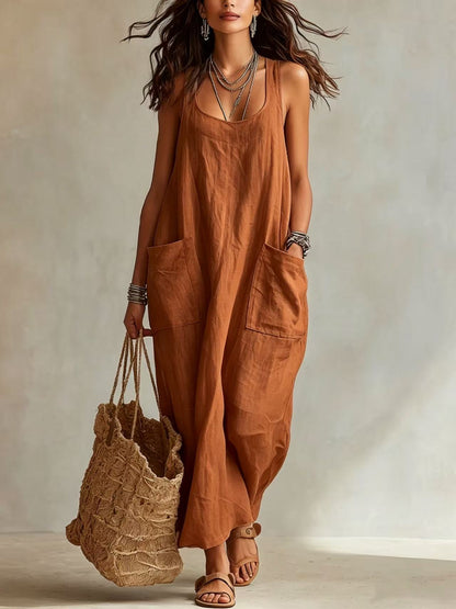 Robe longue maxi décontractée et fluide, sans manches, col en U, avec poches