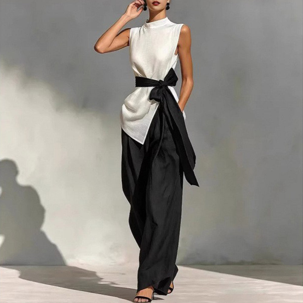 Ensemble deux pièces pour femme : haut sans manches à lacets et à couleur contrastante + pantalon à jambes larges