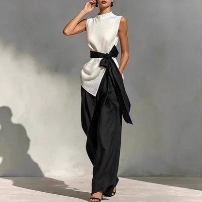 Ensemble deux pièces pour femme : haut sans manches à lacets et à couleur contrastante + pantalon à jambes larges
