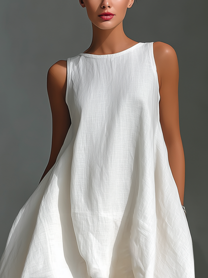 Robe midi sans manches en lin blanc pour femme à col rond
