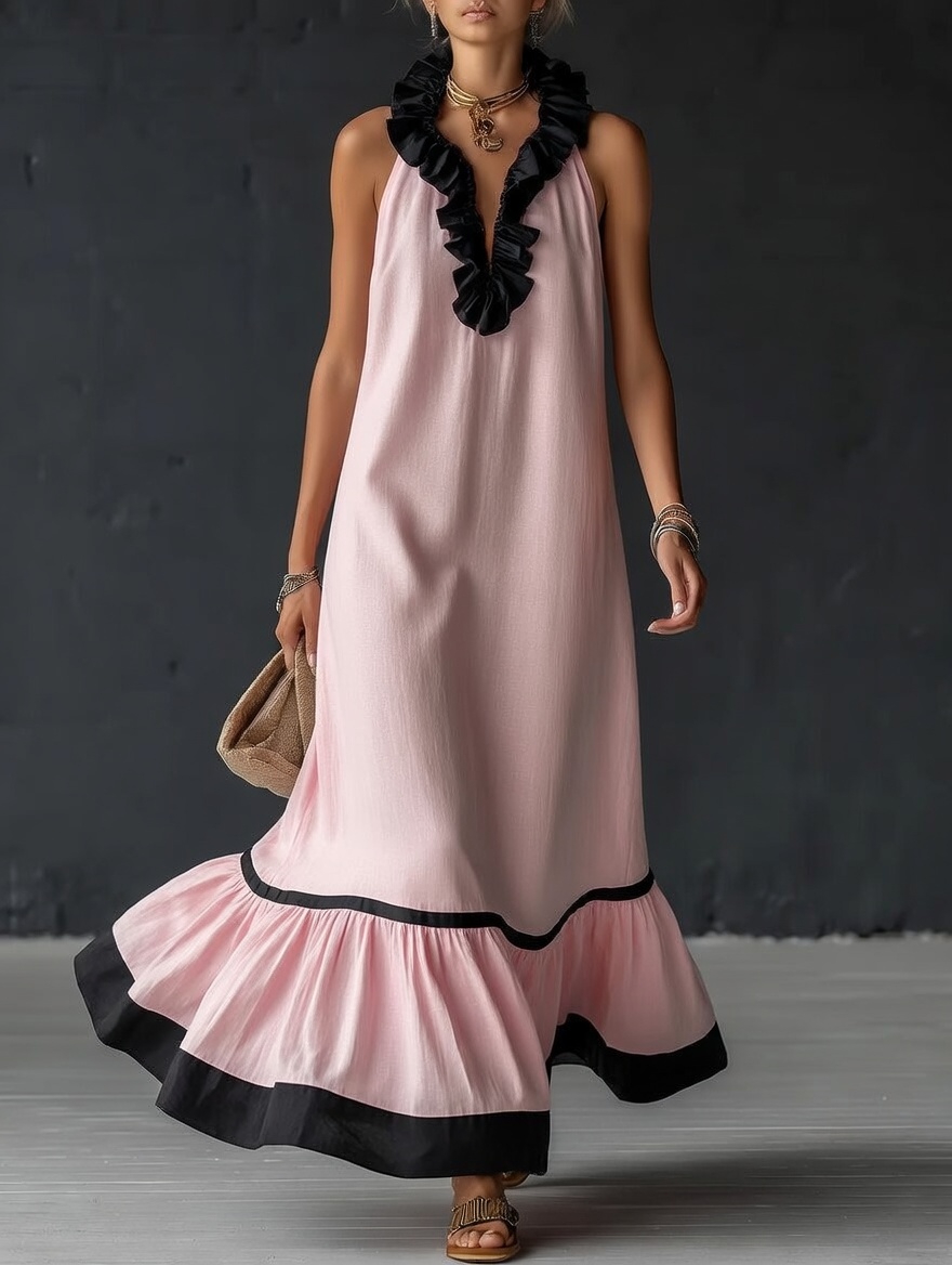 Élégante robe longue en coton et lin, sans manches, avec encolure en V, volants et blocs de couleurs.