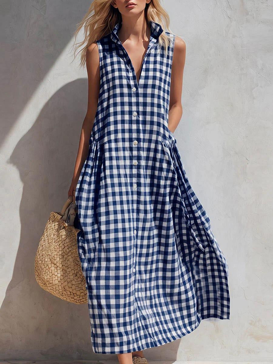 Robe longue ample sans manches à carreaux pour femme, style bohème, idéale pour les vacances d'été à la plage.