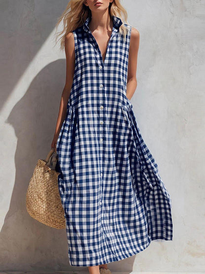 Robe longue ample sans manches à carreaux pour femme, style bohème, idéale pour les vacances d'été à la plage.