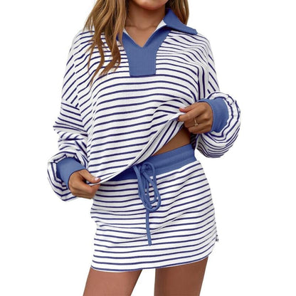 Ensemble décontracté deux pièces pour femme, sweat-shirt et jupe rayés