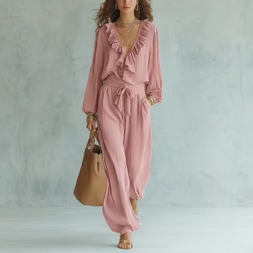 Ensemble deux pièces haut à manches longues avec col en V à volants et pantalon large à taille nouée
