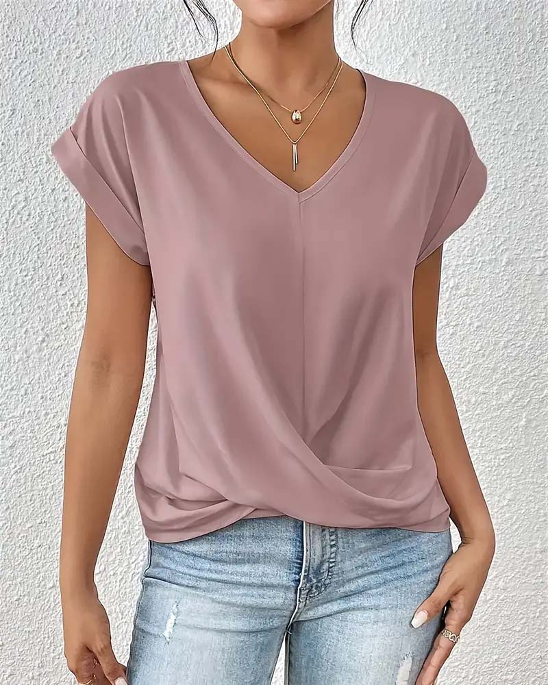 T‑shirt élégant à manches courtes, uni, à col V