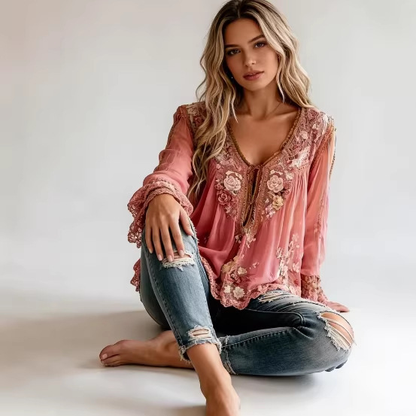 Blouse à manches longues semi‑transparente à col V à motif floral
