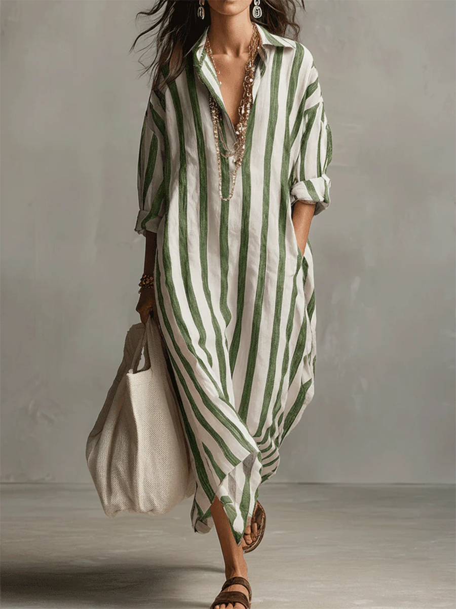 Robe rayée en lin et coton décontractée et confortable