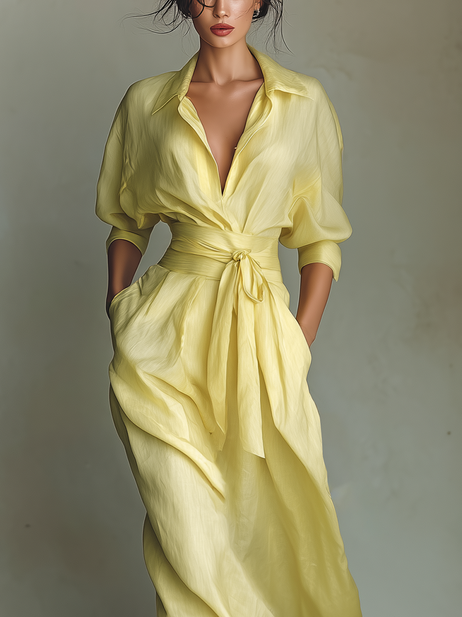 Long lemon yellow cotton-linen blend shirt dress with a tie waist and mid-length sleeves