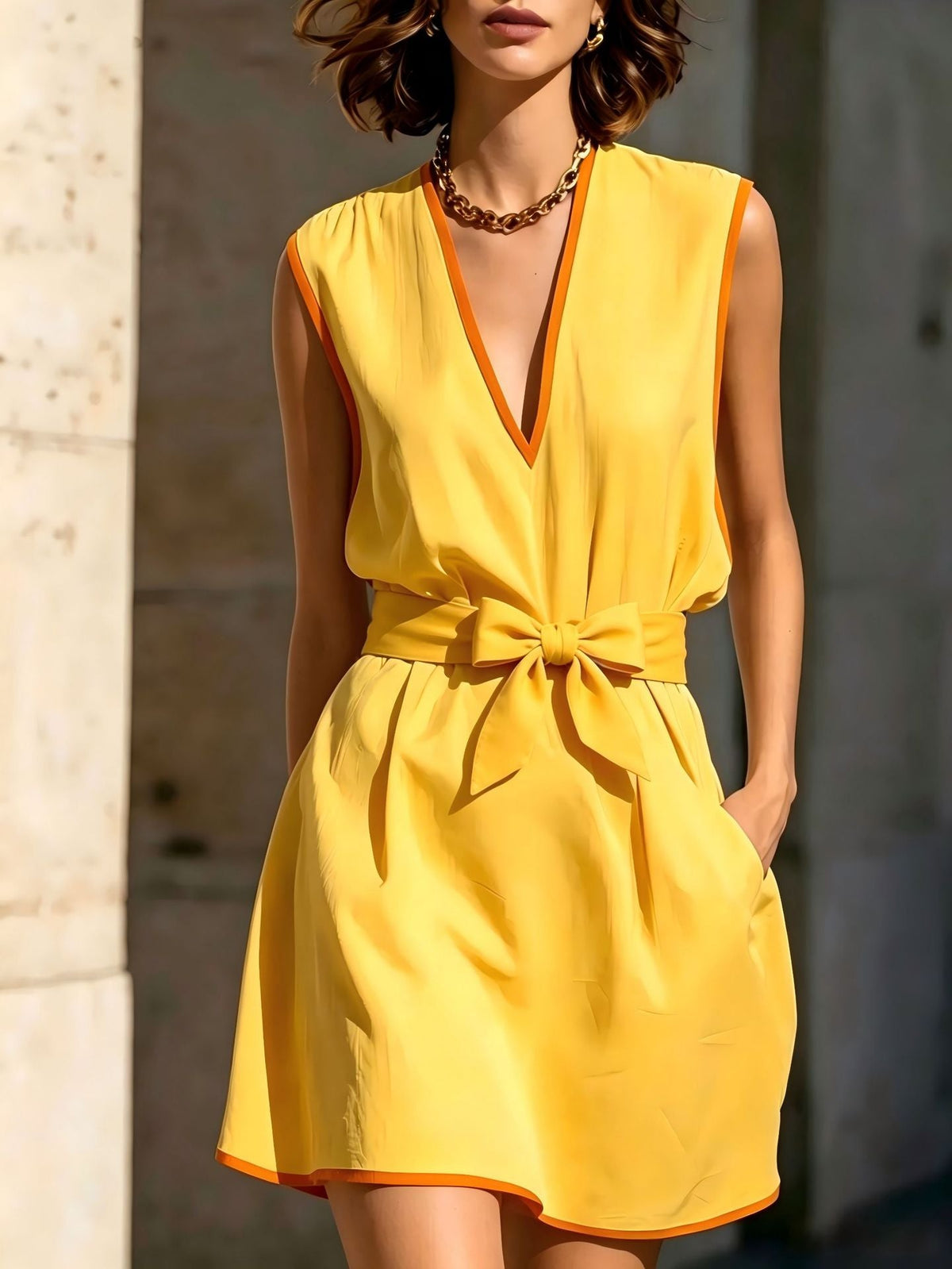 Mini-robe sans manches à col en V, passepoil contrastant et ceinture à nouer