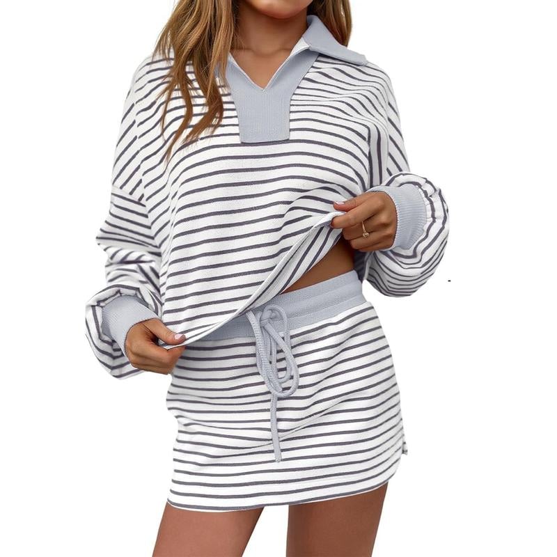 Ensemble décontracté deux pièces pour femme, sweat-shirt et jupe rayés