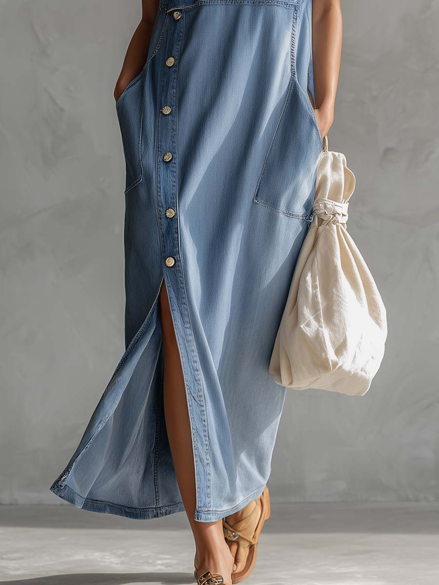Casual and chic vintage blue denim midi dress with hood, V-neck, zip closure, side slits and buttons