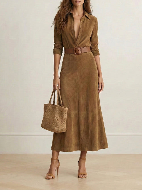 Long-sleeved shirt dress, with lapel collar and split assembly