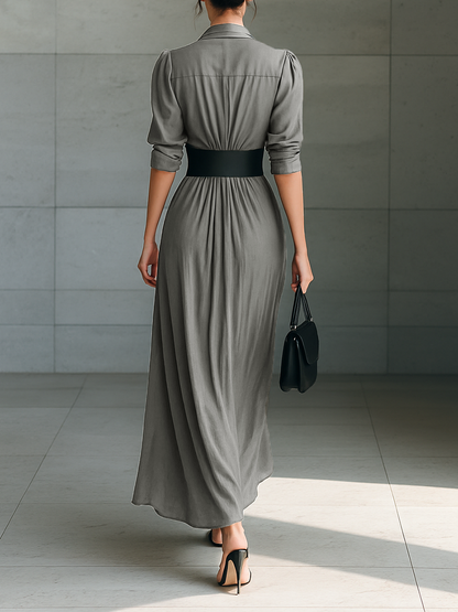 Robe maxi à revers, manches longues et ceinture, boutonnage simple.