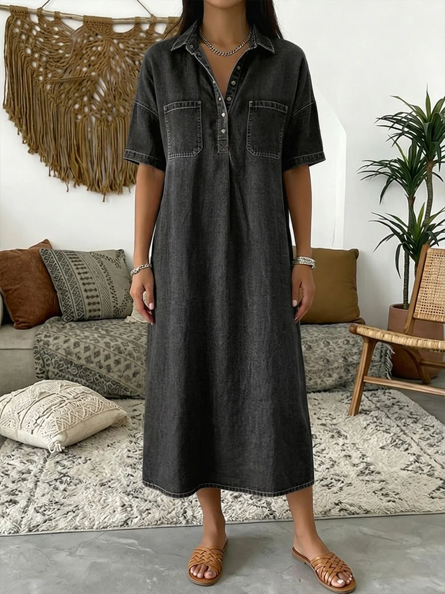 Robe en jean décontractée à manches courtes et col polo