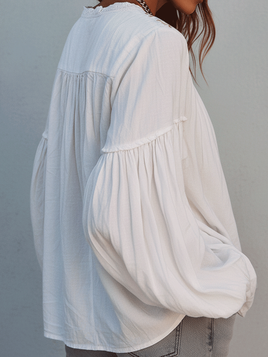 Blouse à manches longues en coton blanc brodé, style bohème