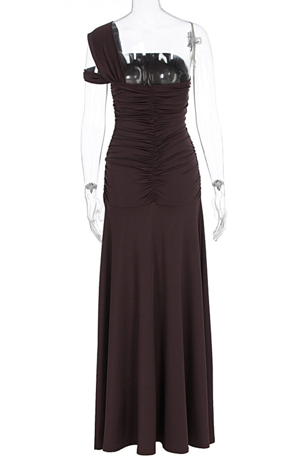 Robe longue de soirée unie marron, asymétrique à une épaule, froncée, avec fente haute et coupe ajustée