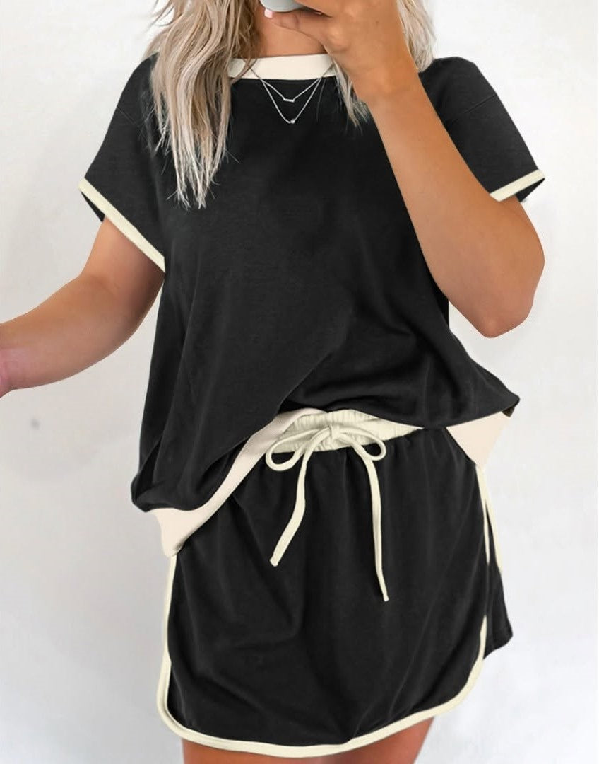 Ensemble 2 pièces jupe-short et t-shirt femme colorblock à épaules tombantes