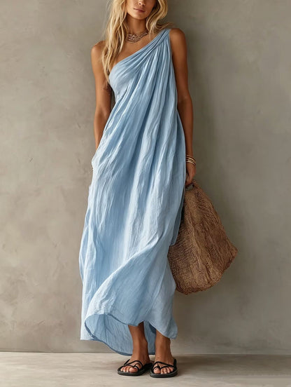 Robe longue en lin drapée à une épaule rose poudré