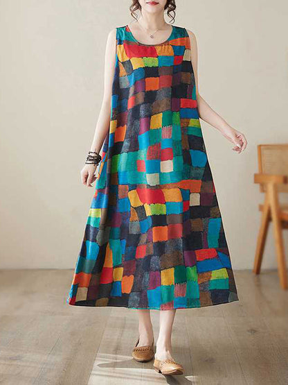 Robes midi à col rond, sans manches amples, à carreaux multicolores contrastés