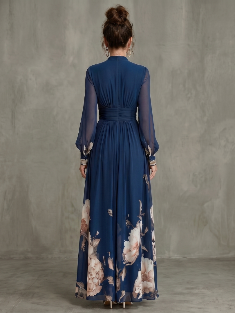 Pleated Sheer Sleeve Navy Maxi Dress