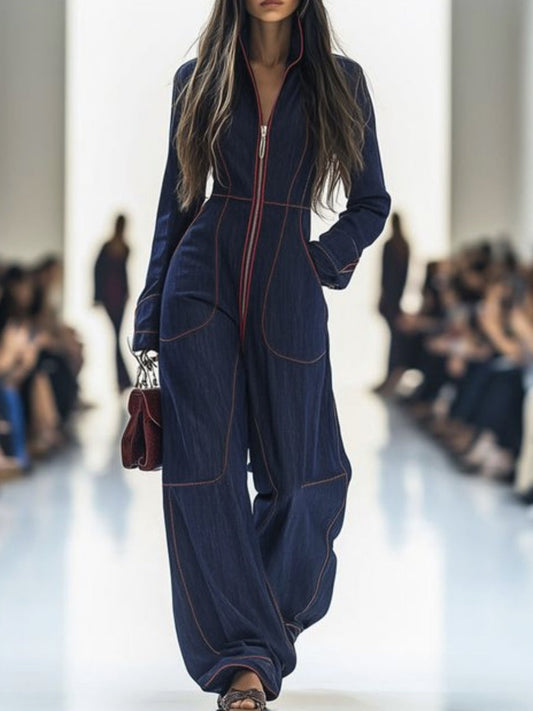 High-neck, long-sleeve, wide-leg, zip-front jumpsuit
