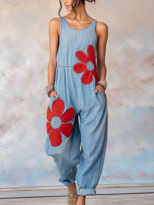 Salopette en jean sans manches à motif floral pour femme