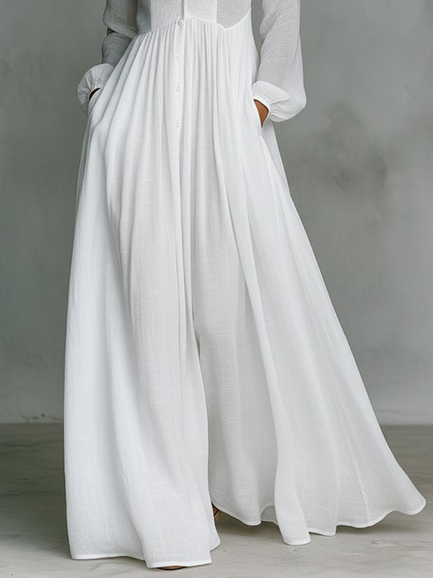 Casual cotton and linen maxi dress, high waist, stand-up collar, for everyday wear