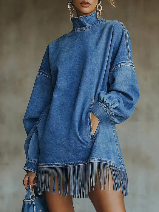 Robe mini en jean décontractée pour femme, bleue, col roulé, coupe trapèze, automne, quotidien