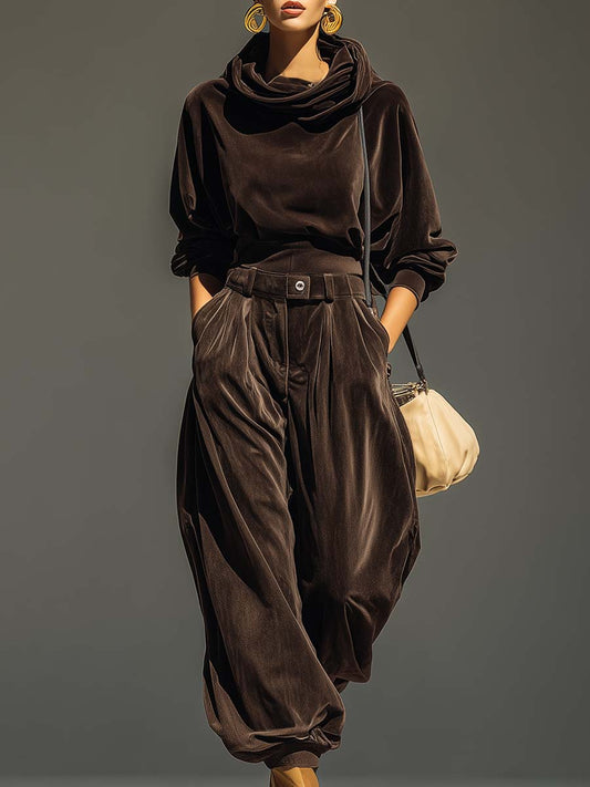 Ensemble sweat à capuche en velours marron vintage et pantalon ample (ceinture incluse)
