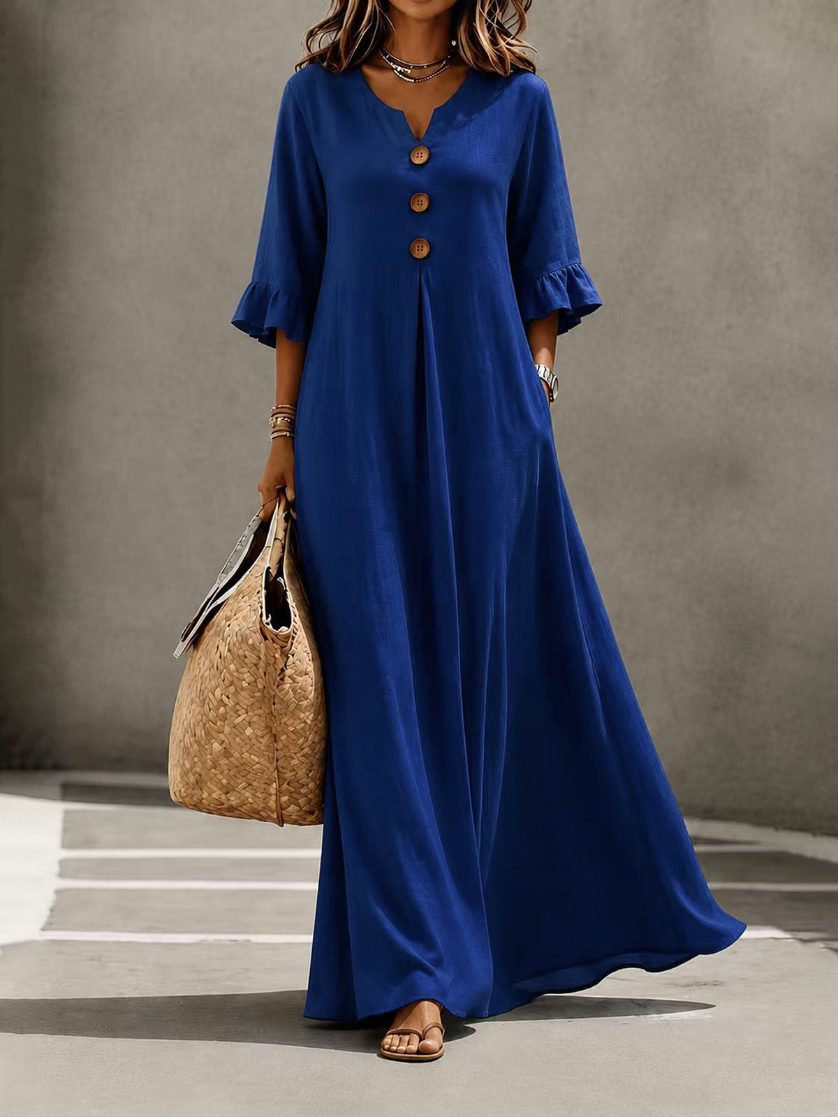 Robe longue en lin à col en V et manches volantées