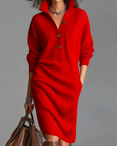 Robe pull mi-longue décontractée ample à revers et boutons pour femme, collection automne.
