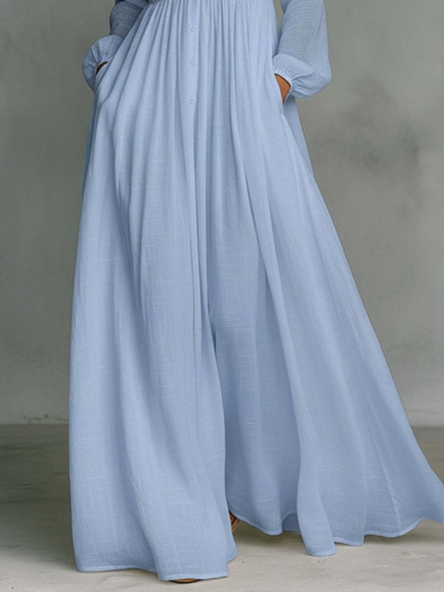 Casual cotton and linen maxi dress, high waist, stand-up collar, for everyday wear