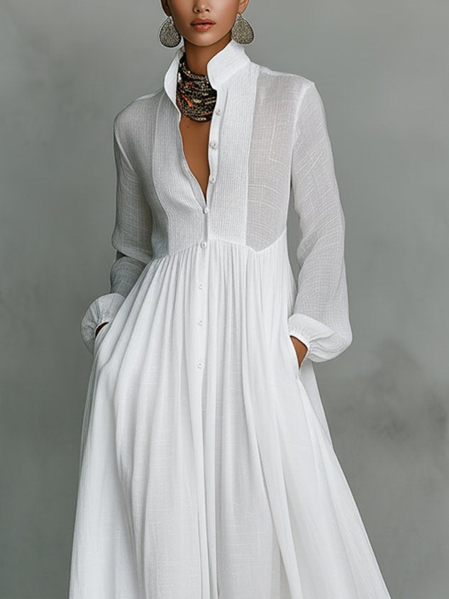 Casual cotton and linen maxi dress, high waist, stand-up collar, for everyday wear