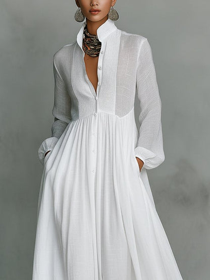 Casual cotton and linen maxi dress, high waist, stand-up collar, for everyday wear