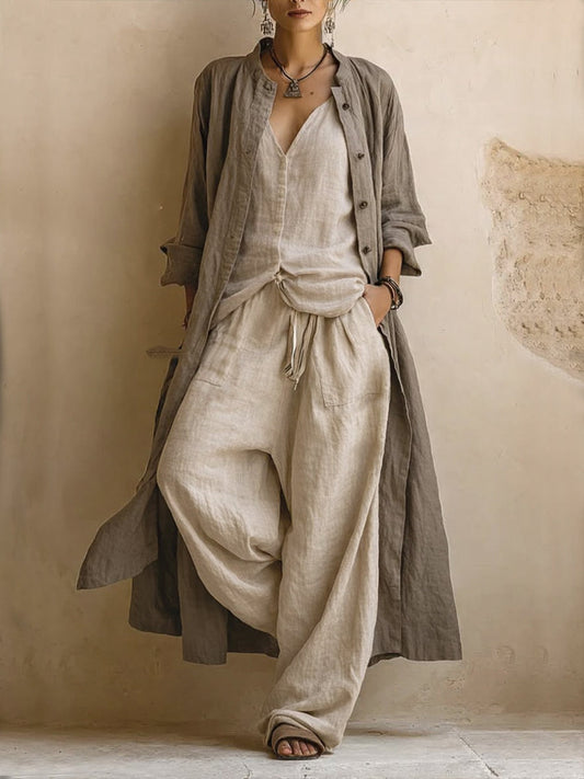 Ensemble trois pièces décontracté cardigan long, haut sans manches et pantalon en lin et coton bohème