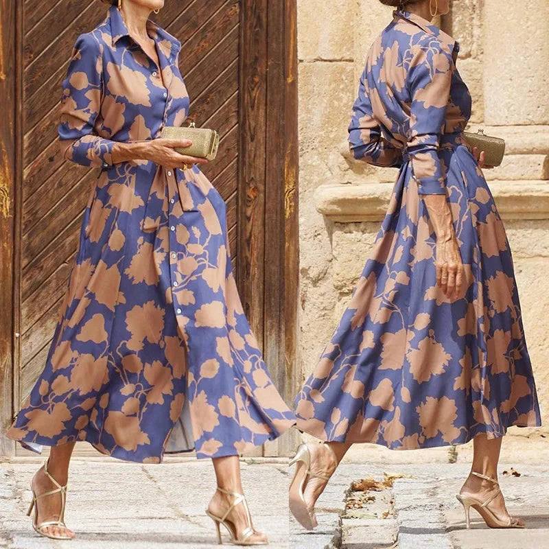 Maxi-robe chemise décontractée pour femme, coupe fluide, col chemise, boutonnée, poches, manches longues, coupe ample, imprimé floral, idéale pour les rendez-vous et les vacances, printemps-été