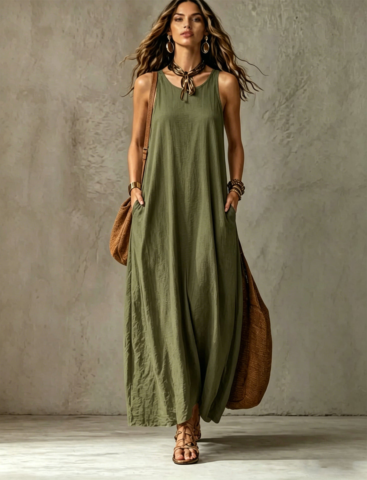 Robe longue texturée sans manches à encolure ronde et poches, coupe tente