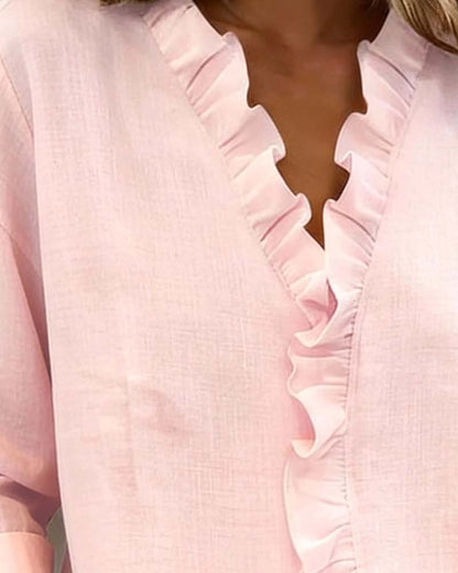 Blouse à manches longues, col V, à volants